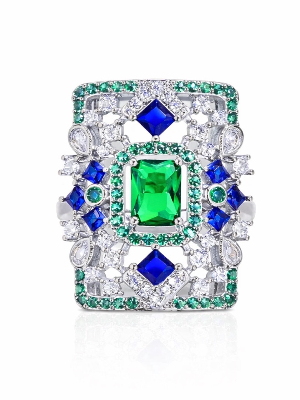 Art Deco Large Blue Green Silver Statement Ring